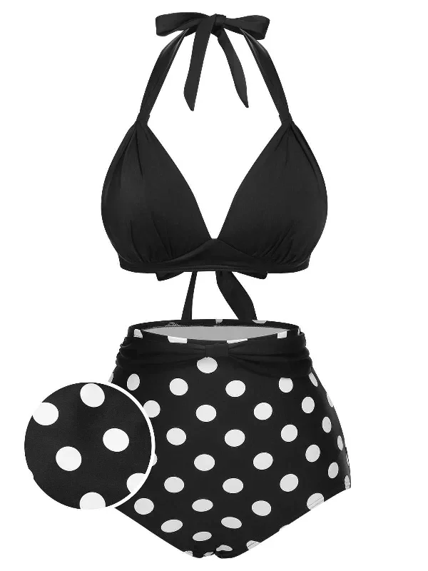 1950s Halter Contrast Polka Dots Swimsuit