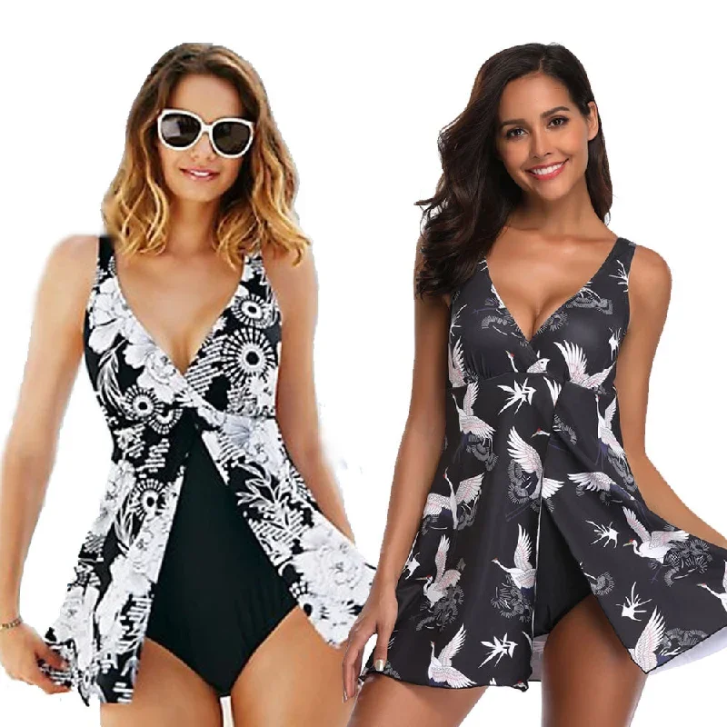 Plus Size XXXL One Piece Swimsuit With Skirt Sexy Deep V Print Bird Vintage Big Swimwear Beach Large 5XL Bathing Suit