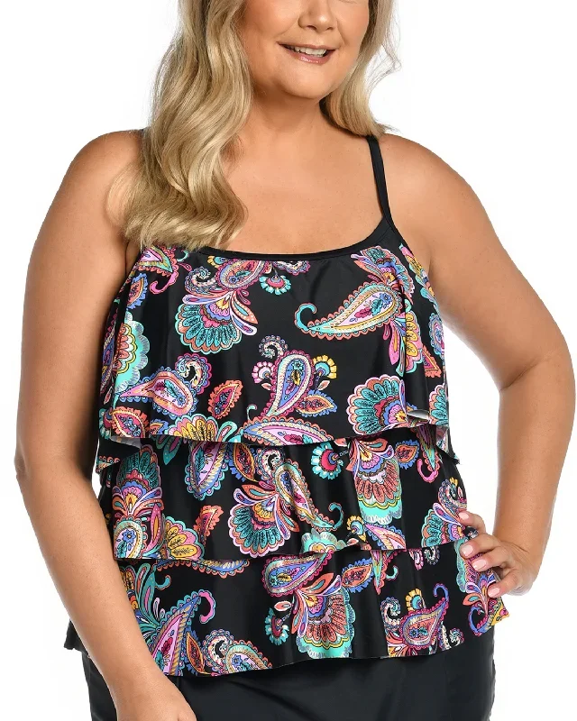 2024 Maxine of Hollywood Women's Plus Paisley Parade Triple Tiered Tankini Top - Mw4dw59