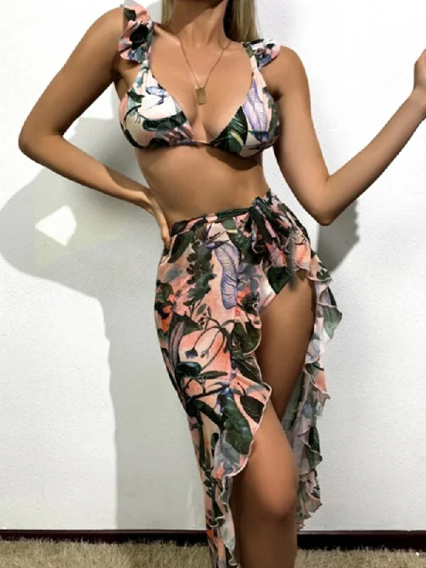 Botanical Print Ruffled Three-Piece Bikini Set