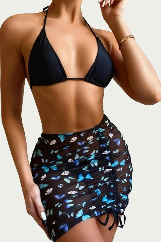 Butterfly Skirt Three-Piece Bikini Set In Black