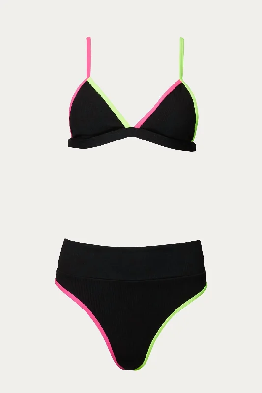 Color-Block Triangle High-Leg Bikini Set In Black