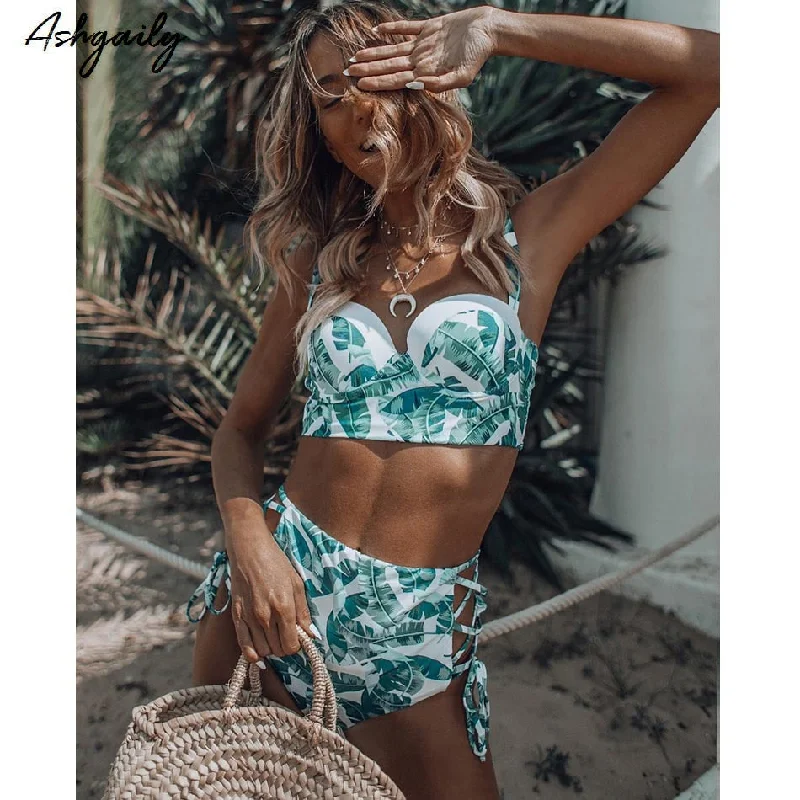 High Waist Swimwear Women Swimsuit Bikini Bandage Bikinis Set Padded Bathing Suit New Leaf Print Biquini Maillot de bain