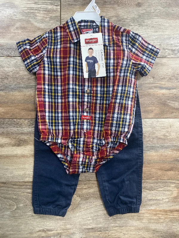 NEW Wrangler 2Pc Red Button-Up Bodysuit & Navy Pants Set sz 24m