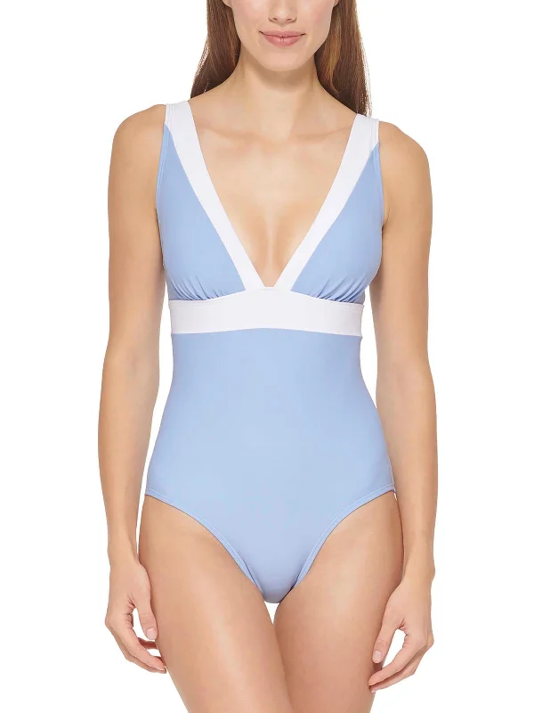 Womens Two Tone V-Neck One-Piece Swimsuit