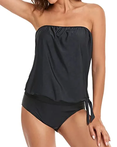 Women's Long Bandeau Tankini Bathing Suits-Black