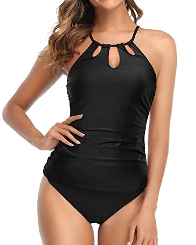 Ruched Halter Neck Swim Tankini Top With Bikini Bottom-Black