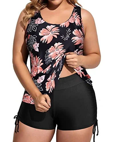 Womens 3 Piece Plus Size Tankini Swimsuits Tummy Control Bathing Suits-Black Orange Floral