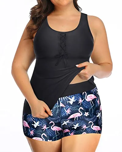 Racerback Athletic Tankini Swimsuits For Women Plus Size Bathing Suits-Black Flamingo