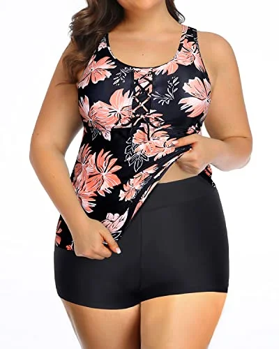 Racerback Athletic Tankini Top With Boy Shorts Plus Size Swimsuits-Black Orange Floral