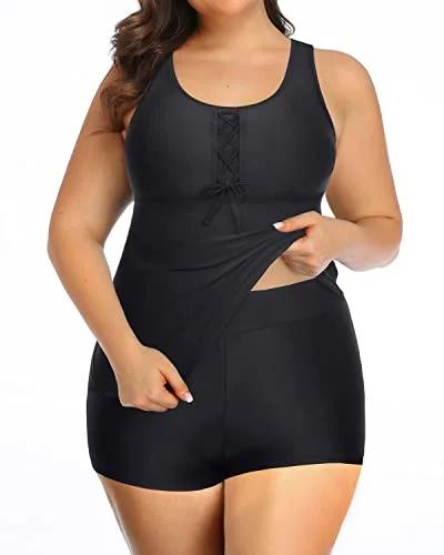 Racerback Plus Size Tankini Top With High Waisted Boyshort-Black