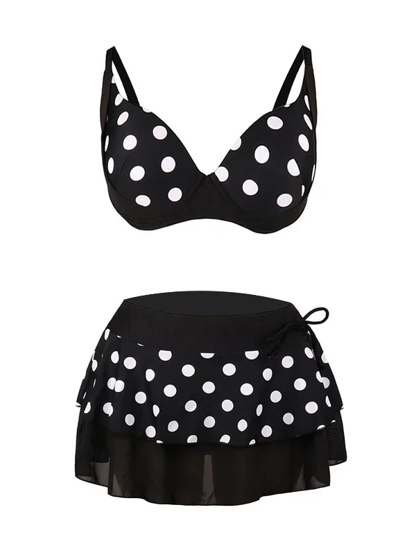 Black 1960s Polka Dot Bikini Set with Skirt