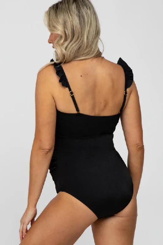 black-ribbed-square-neck-ruffle-strap-one-piece-maternity-swimsuit