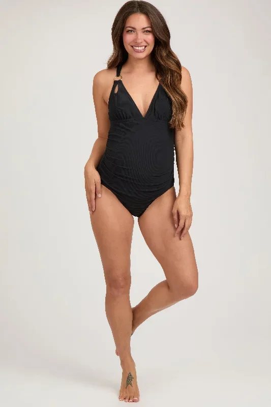 black-ribbed-v-neck-ruched-criss-cross-low-back-maternity-one-piece-swimsuit