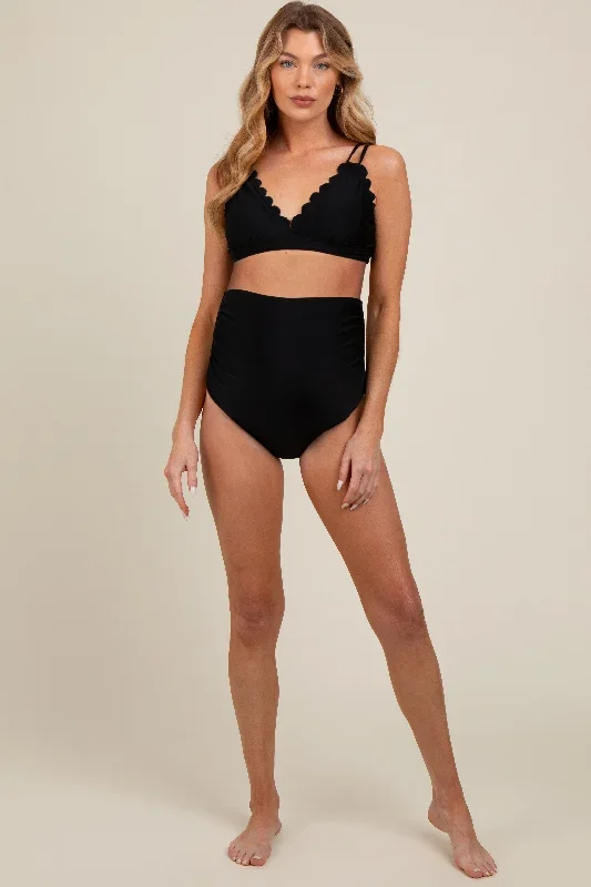 black-scalloped-v-neck-high-waist-two-piece-maternity-swimsuit