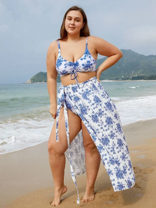 Blue Floral Plus Size Cover-up Skirt