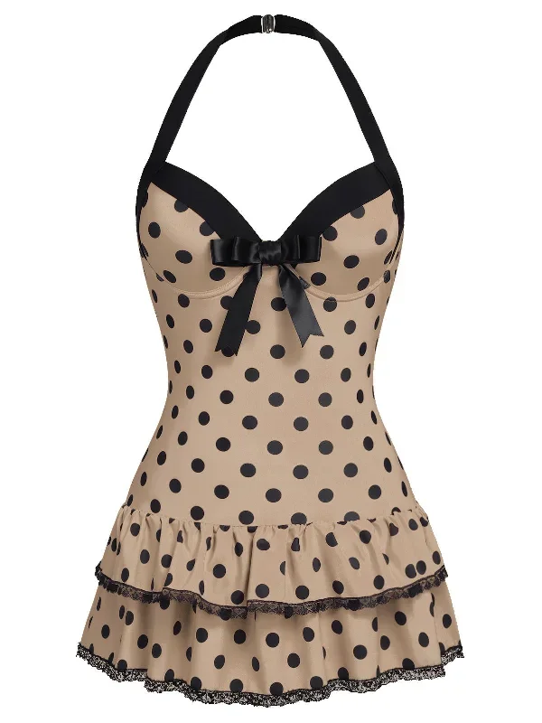 [Pre-Sale] Brown 1940s Halter Polka Dots Bow Swimsuit