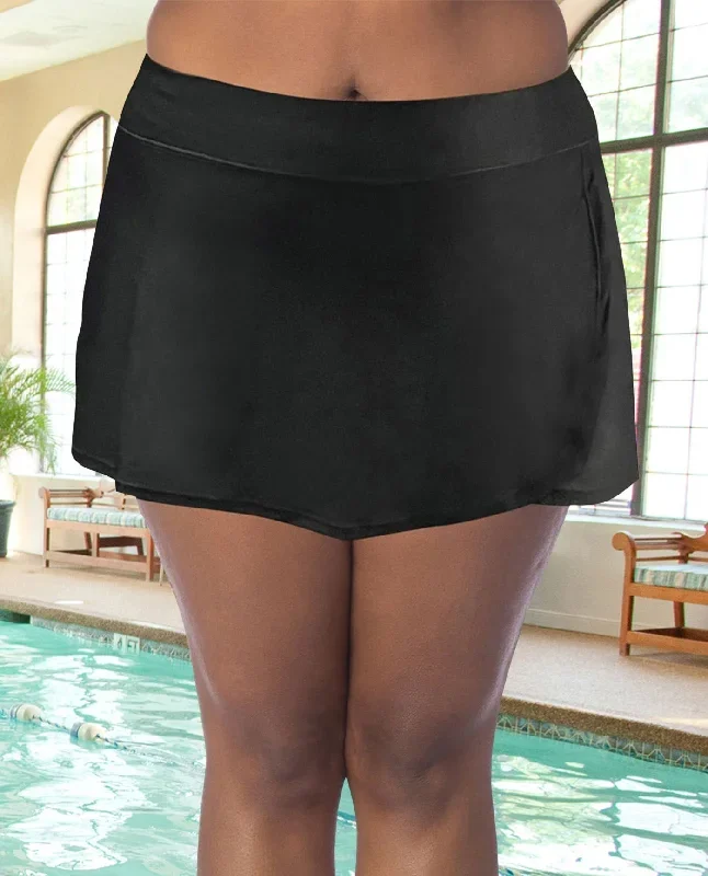 CHLORINE RESISTANT AQUAMORE BLACK SOLID PLUS SIZE SWIM SKORT