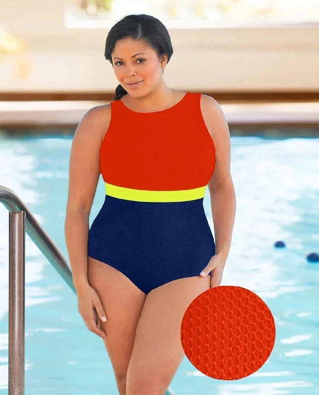 CHLORINE RESISTANT AQUAMORE CHILI COLOR BLOCK TEXTURED HIGH NECK PLUS SIZE SWIMSUIT