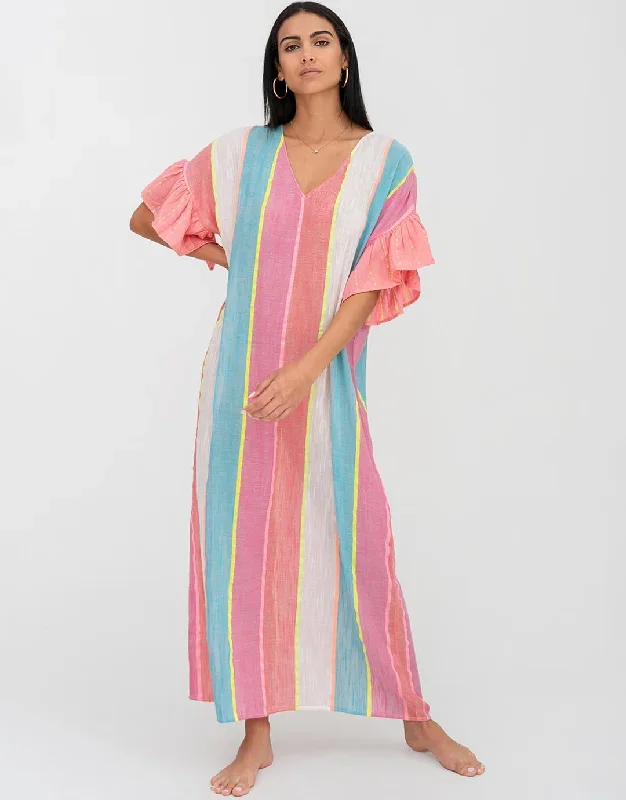 Contrast Ruffle Sleeve V Neck Dress - Multi