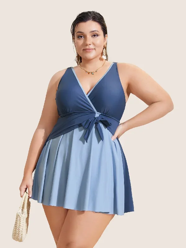 Contrast V Neck Tie Knot Swim Dress