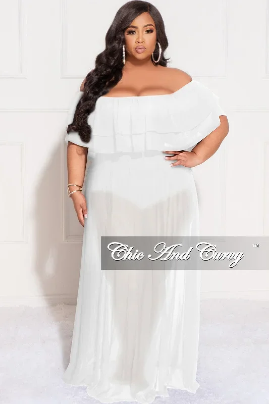 Final Sale Plus Size Off the Shoulder Mesh Ruffle Bodysuit Dress with Double Slits in White