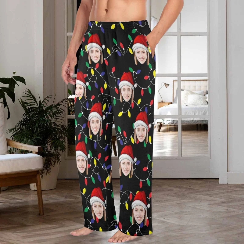 coral-fleece-pajama-trousers-custom-face-colored-light-bulbs-christmas-red-hat-warm-and-comfortable-sleepwear-long-pajama-pants-for-men-women