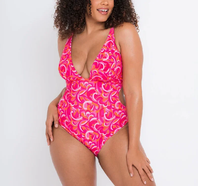 Curvy Kate Swimwear Retro Wave Pink Print Mix Non Wired One Piece CS026606