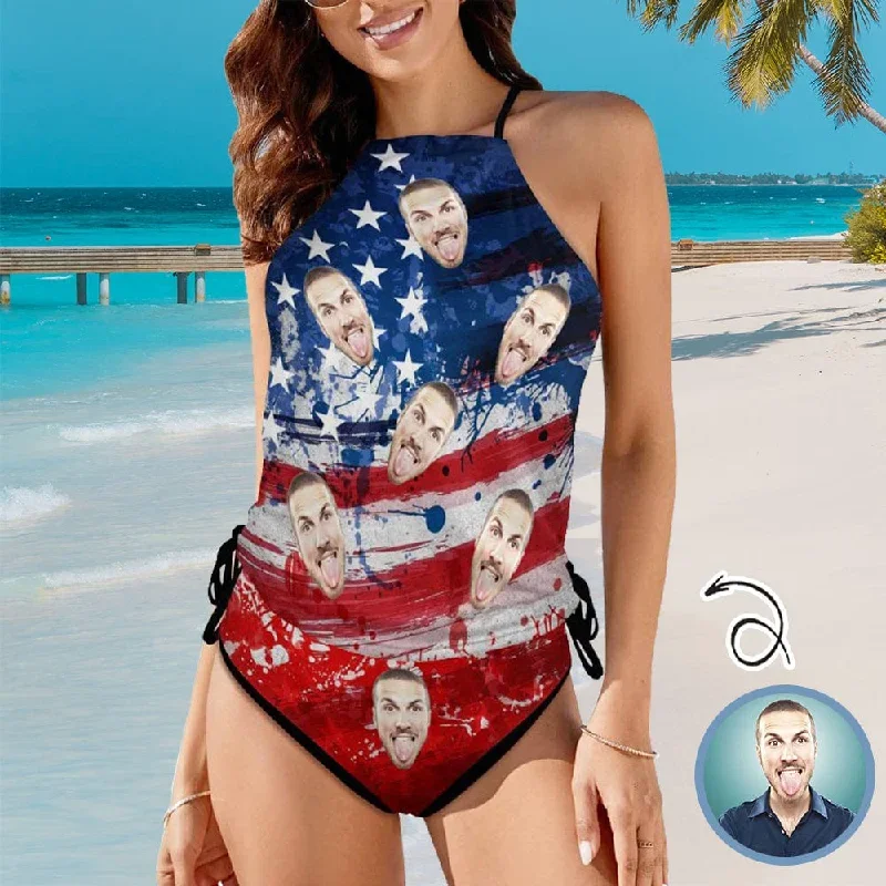 Custom Face American Flag Splash Ink Womens Sexy Halter Tummy Control Swimsuit Tankini Top Sets Fashion Two Piece Bathing Suit with Tie Side