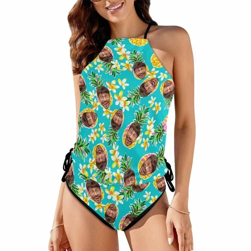 custom-face-green-pineapple-womens-sexy-halter-tummy-control-swimsuit-tankini-top-sets-fashion-two-piece-bathing-suit-with-tie-side