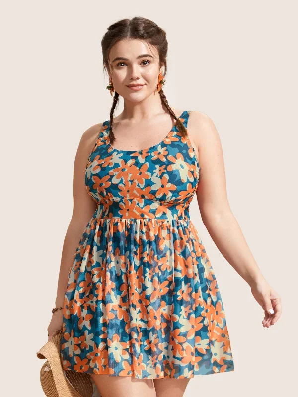 Ditsy Floral Slit Hem See Through Swim Dress