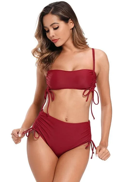 Drawstring Bandeau High Waisted Bikini Set