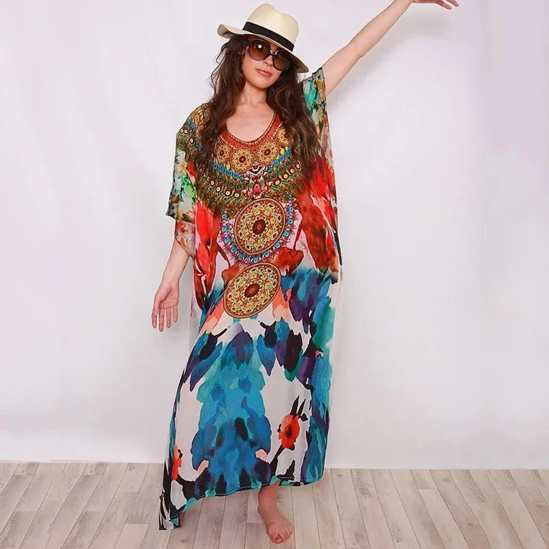 FashionSierra-Cotton Rayon  Floral Print  Tunic  Smock Frock  Women  Long Cover Up  Beach  Summer  Maxi  Loose  Oversize  Robe Boho Dress