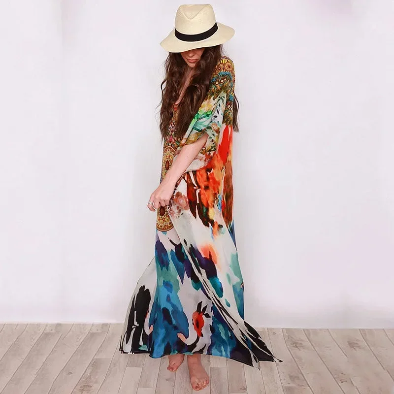 fashionsierra-cotton-rayon-floral-print-tunic-smock-frock-women-long-cover-up-beach-summer-maxi-loose-oversize-robe-boho-dress