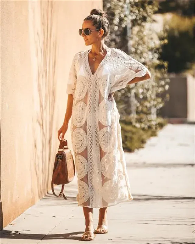 FashionSierra-White Lace  Kaftan  Beach Long  Women  Vintage  Sexy  See Through  Summer  Vestidos  Tunic  Robe  Bikini Cover Up Boho Dress