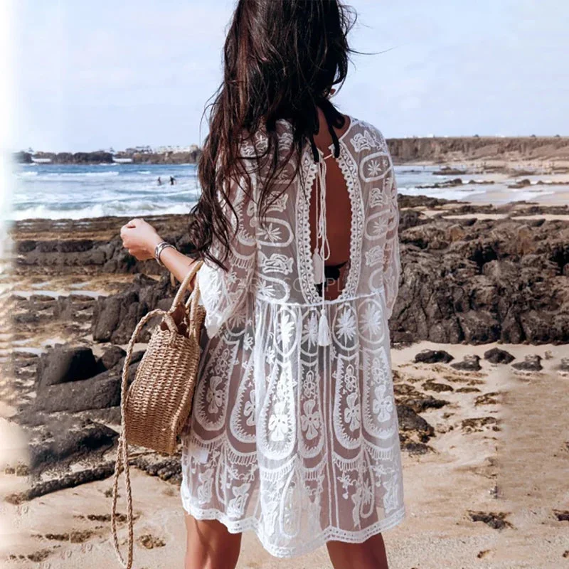 FashionSierra-White  Sheer Lace  Mini  Women  Tunic  Robe  Vintage  Cotton  Sexy  Beach  Bikini Cover Up  Backless  Summer  Vestidos Boho Dress