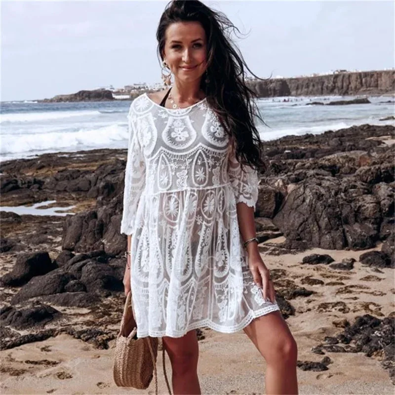 fashionsierra-white-sheer-lace-mini-women-tunic-robe-vintage-cotton-sexy-beach-bikini-cover-up-backless-summer-vestidos-boho-dress