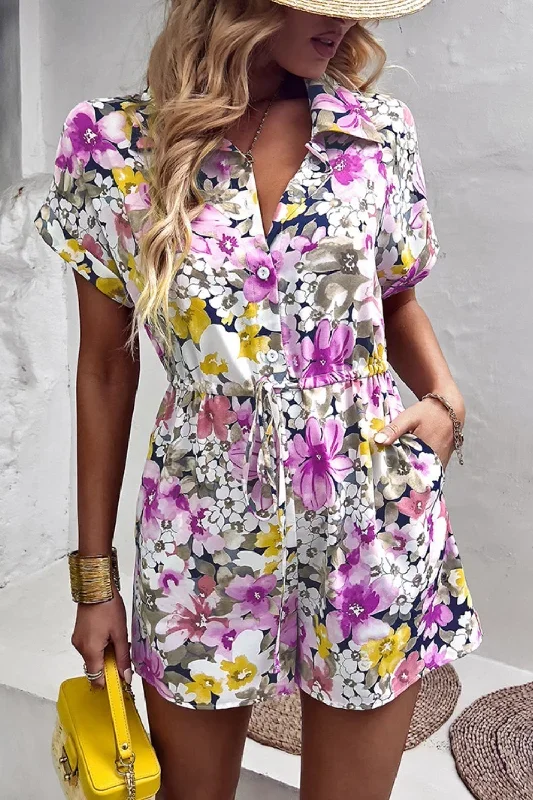 Floral Drawstring Lapel Collar Romper with Pockets Playsuit