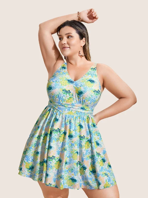 Floral Print V Neck Gathered Swim Dress