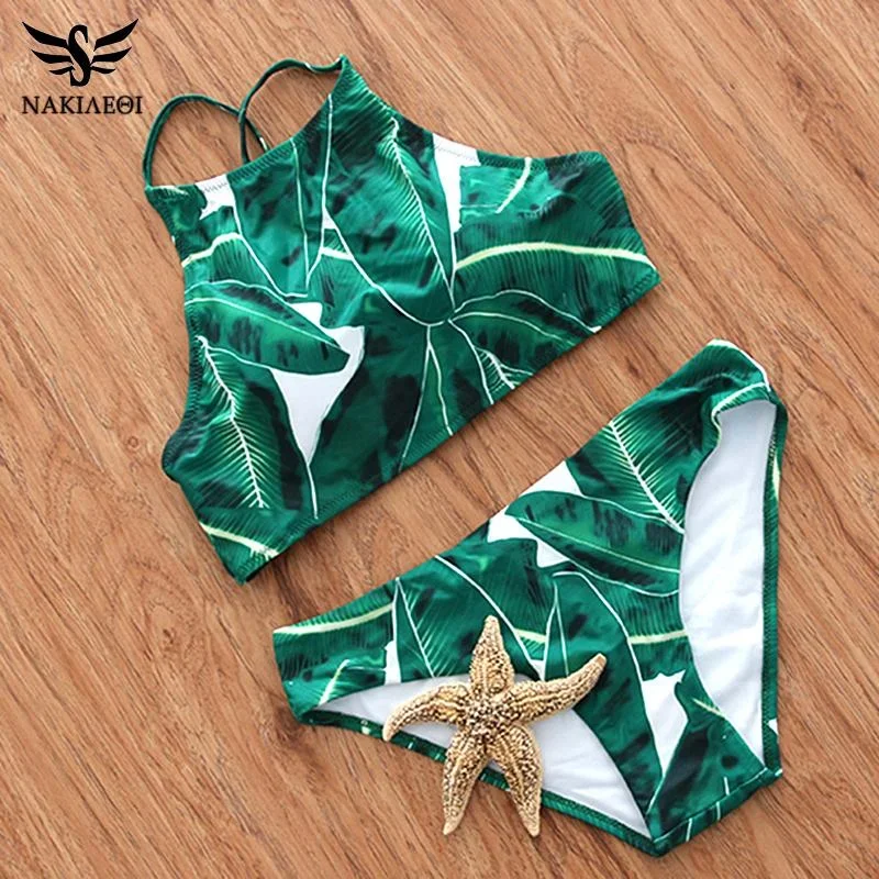 Green Print Halter High Neck Bikini Set