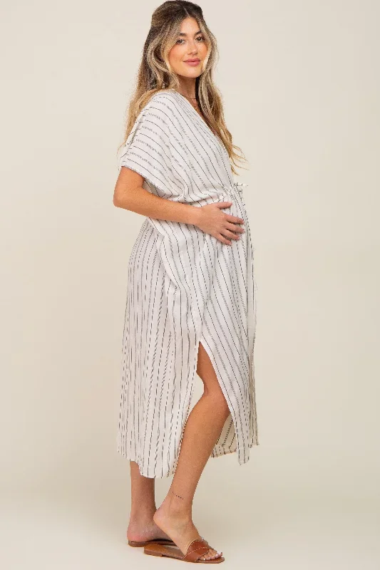 ivory-striped-side-slit-tassel-tie-maternity-cover-up