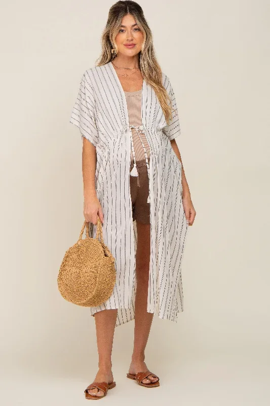 ivory-striped-side-slit-tassel-tie-maternity-cover-up