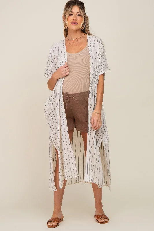 ivory-striped-side-slit-tassel-tie-maternity-cover-up