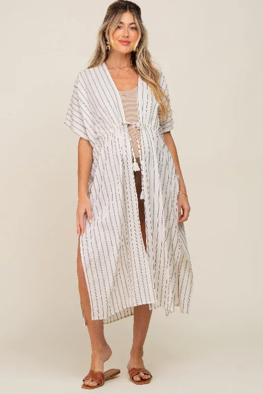 ivory-striped-side-slit-tassel-tie-maternity-cover-up