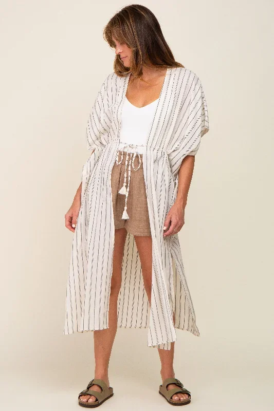 ivory-striped-side-slit-tassel-tie-maternity-cover-up