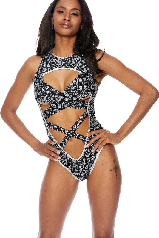 Paisley Bandana Criss Cross Swimwear Bodysuit with Deep Plunge