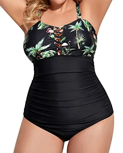 Ladies Criss Cross Back Design Plus Size One Piece Swimsuits-Black Palm Tree