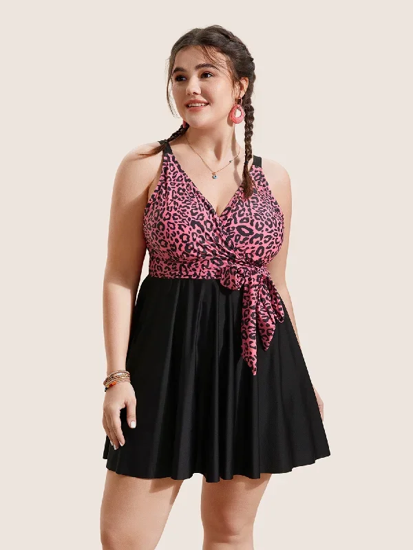 Leopard Print Patchwork Tie Knot Swim Dress