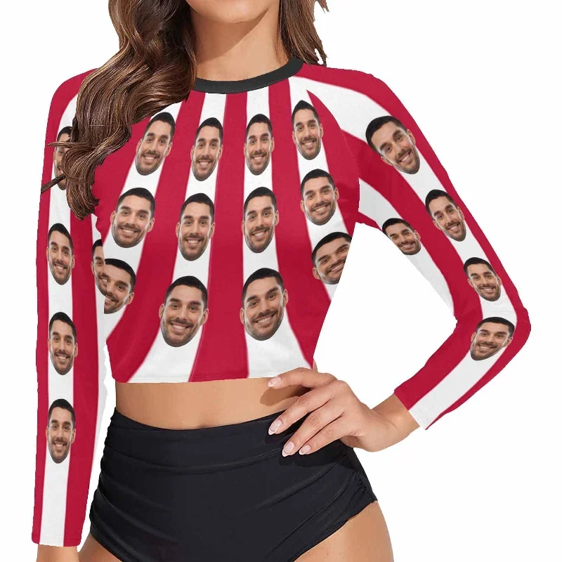 long-sleeve-tankini-bikini-top-custom-face-red-white-strips-long-sleeve-swimwear-top-beach-surf-sunscreen-fashion-cropped-top