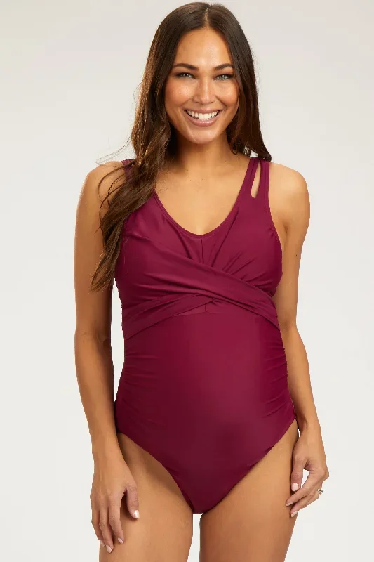 Magenta Twist Front Back Cutout Maternity One Piece Swimsuit